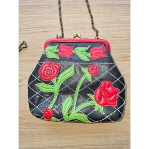 Isabella Fiore Leather Kiss Lock Crossbody Bag Black Red Floral Embroidered mini